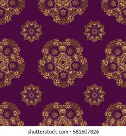 Vector seamless pattern in Christmas traditional colors. Abstract purple background with golden geometric ornament. Can be used for digital paper, textile print, page fill.