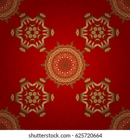 Vector seamless pattern in Christmas traditional colors. Abstract red background with golden geometric ornament. Can be used for digital paper, textile print, page fill.