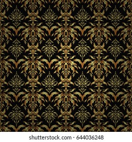 Vector seamless pattern in Christmas traditional colors. Abstract black background with golden geometric ornament. Can be used for digital paper, textile print, page fill.