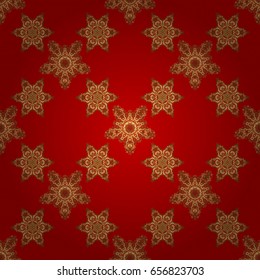 Vector seamless pattern in Christmas traditional colors. Abstract red background with golden geometric ornament. Can be used for digital paper, textile print, page fill.