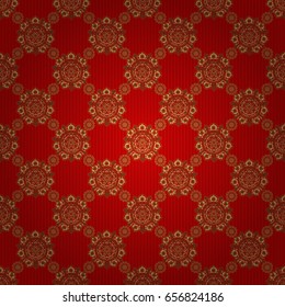 Vector seamless pattern in Christmas traditional colors. Abstract red background with golden geometric ornament. Can be used for digital paper, textile print, page fill.