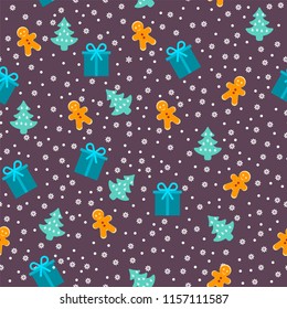 vector seamless pattern with a Christmas tree gift and biscuits man on a purple background in winter in December for the new year and christmas with snowflakes for printing and textiles