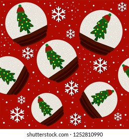 Vector seamless pattern of Christmas tree with snowball, snowflake, snow, hat, decoration. Christmas ball isolated on background. Can be used for printed materials: fabric, greeting card, stickers.