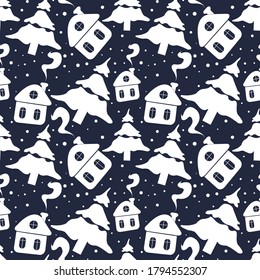 Vector seamless pattern with christmas tree  and 
snow house in vintage style for fabrics, paper, textile, gift wrap isolated on black background