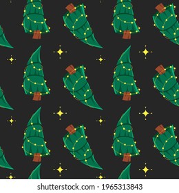Vector seamless pattern Christmas tree on black. Merry Christmas and Happy New Year background.