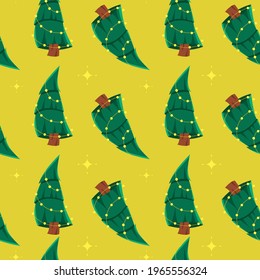 Vector seamless pattern Christmas tree on yellow. Merry Christmas and Happy New Year background.
