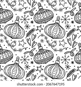 Vector seamless pattern. Christmas tree decoration. New Year Eve celebration Winter season theme Ornament with many baubles, ribbons, snowflakes and presents Festive background repetitive illustration