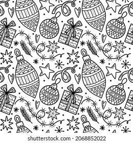 Vector seamless pattern. Christmas tree decoration. New Year Eve celebration Winter season theme Ornament with many baubles, ribbons, snowflakes and presents Festive background repetitive illustration