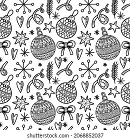 Vector seamless pattern. Christmas tree decoration. New Year Eve celebration Winter season theme Ornament with many baubles, ribbons, snowflakes and presents Festive background repetitive illustration
