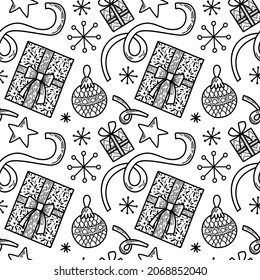 Vector seamless pattern. Christmas tree decoration. New Year Eve celebration Winter season theme Ornament with many baubles, ribbons, snowflakes and presents Festive background repetitive illustration