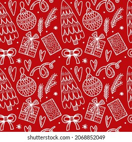 Vector seamless pattern. Christmas tree decoration. New Year Eve celebration Winter season theme Ornament with many baubles, ribbons, snowflakes and presents Festive background repetitive illustration