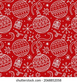 Vector seamless pattern. Christmas tree decoration. New Year Eve celebration Winter season theme Ornament with many baubles, ribbons, snowflakes and presents Festive background repetitive illustration