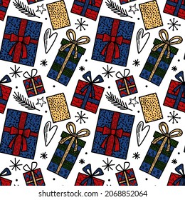 Vector seamless pattern. Christmas tree decoration. New Year Eve celebration Winter season theme Ornament with many baubles, ribbons, snowflakes and presents Festive background repetitive illustration