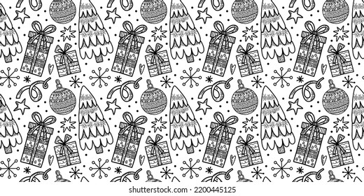 Vector seamless pattern Christmas tree decoration New Year Eve celebration Winter season theme Ornament with many baubles, ribbons, snowflakes and presents Festive background repetitive illustration
