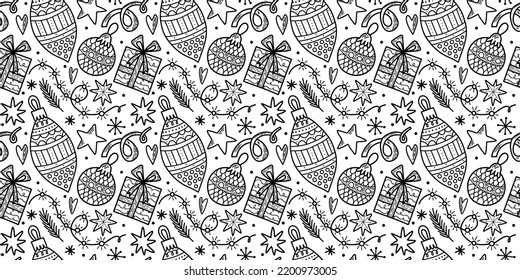 Vector seamless pattern Christmas tree decoration New Year Eve celebration Winter season theme Ornament with many baubles, ribbons, snowflakes and presents Festive background repetitive illustration

