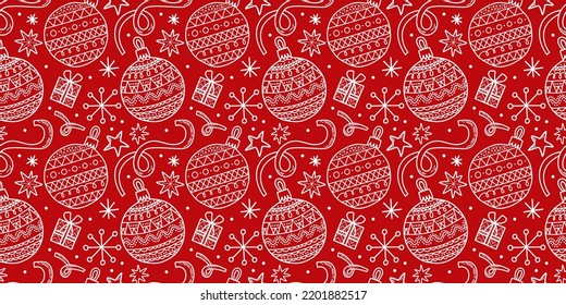 Vector seamless pattern Christmas tree decoration New Year Eve celebration Winter season theme Ornament with many baubles, ribbons, snowflakes and presents Festive background repetitive illustration
