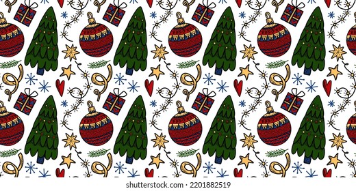 Vector seamless pattern Christmas tree decoration New Year Eve celebration Winter season theme Ornament with many baubles, ribbons, snowflakes and presents Festive background repetitive illustration
