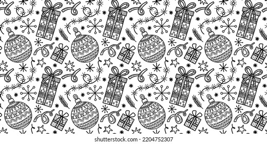Vector seamless pattern Christmas tree decoration New Year Eve celebration Winter season theme Ornament with many baubles, ribbons, snowflakes and presents Festive background repetitive illustration
