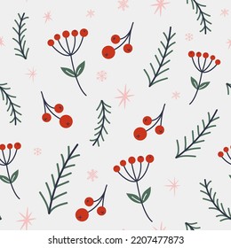 Vector seamless pattern with Christmas tree branches, winter berries and snowflakes