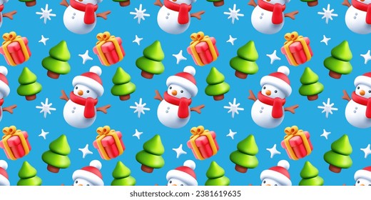 Vector seamless pattern with christmas tree, snowman and red gift box on color background. 3d style design of decorative xmas pattern with snowflake for web, site, banner, card, wrapping paper