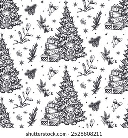 Vetor padrão sem emenda com árvore de Natal e presentes. Inverno fundo infinito em estilo vintage