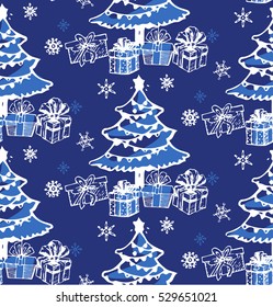 Vector seamless pattern of christmas tree and present box. Happy new Year and Merry Christmas background.