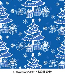 Vector seamless pattern of christmas tree and present box. Happy new Year and Merry Christmas background.