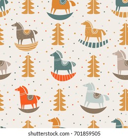 Vector seamless pattern with Christmas tree and funny wood horse in pastel colors. Ideal for cards, invitations, wallpaper, web page backgrounds, textile industry and children room decoration