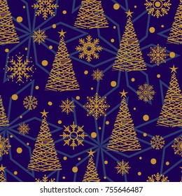 Vector seamless pattern with Christmas tree and snowflakes. Christmas and New year decoration. Winter background. Pattern for backdrop, textile, wrapping paper. Vector illustration.