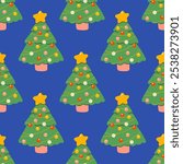 Vector seamless pattern with Christmas trees. Cute New Year pattern on white background. Cute evergreen fir trees.