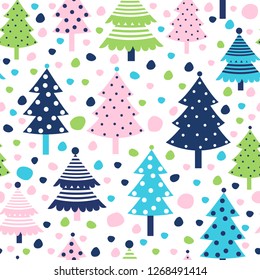 Vector seamless pattern with Christmas trees in blue, pink and green colors for holiday package design