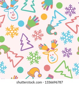 Vector seamless pattern with Christmas trees, reindeer, gloves and snowflakes. Beautiful winter background for Christmas celebration.