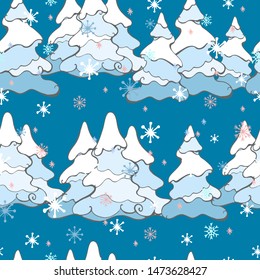 Vector seamless pattern of Christmas trees in winter snow.