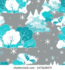 Vector seamless pattern of Christmas trees and deciduous trees in winter snow. Christmas background.