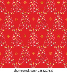 Vector seamless pattern with Christmas trees on red background. Merry Christmas! Happy New Year!
