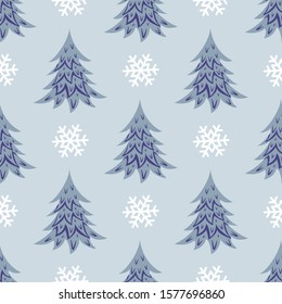 Vector seamless pattern with christmas trees and snowflakes; blue winter design for greeting card, gift box, wallpaper, wrapping paper, fabric, web design.