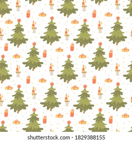 Vector seamless pattern with Christmas trees decorated with big golden stars, bottles of champagne, gift boxes and snowflakes on white. Yellow, red, green colors. Great for fabrics, wrapping papers. 