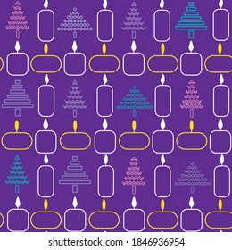 Vector seamless pattern of christmas trees and candles creating a chain effect in repeat on purple background. Perfect for christmas decoration, fabric, home decor, wrapping paper, gift bags, napkins.