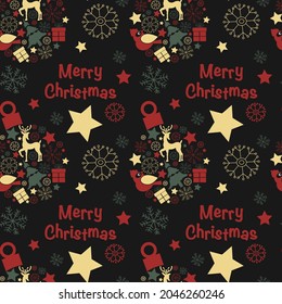 Vector seamless pattern with christmas trees, christmas balls, stars, snowflakes and text Merry Christmas in Scandinavian style for fabrics, paper, textile, gift wrap isolated on black background