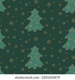 Vector seamless pattern of Christmas trees and snowflakes on a dark background