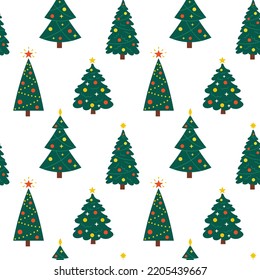 Vector seamless pattern with Christmas trees. Cute New Year pattern on white background. Cute evergreen fir trees.