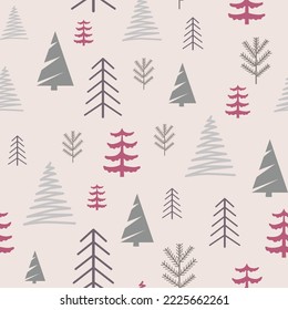 Vector seamless pattern with Christmas trees of different shapes on a pink background in a flat style. Ideal for print, wrapping paper, wallpaper, fabric, design.