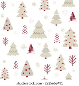 Vector seamless pattern with Christmas trees of different shapes on a white background in a flat style. Ideal for print, wrapping paper, wallpaper, fabric, design.