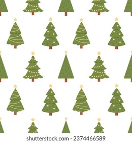Vector seamless pattern with christmas trees. Fir trees with garlands and balls on white background. New Year and Christmas wrapping design.