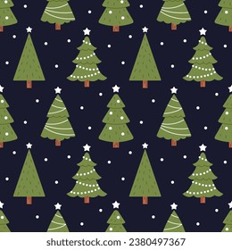 Vector seamless pattern with christmas trees. Snow and fir trees with garlands and balls on dark background. New Year and Christmas wrapping design.