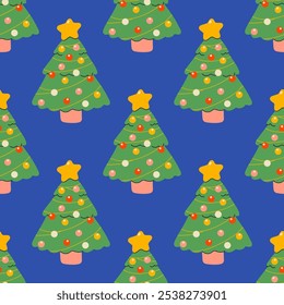 Vector seamless pattern with Christmas trees. Cute New Year pattern on white background. Cute evergreen fir trees.