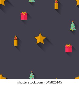 Vector seamless pattern. Christmas trees candles gifts and stars. Flat design