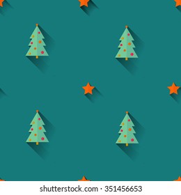 Vector seamless pattern. Christmas trees and small stars on blue background. Flat design. Good for web print and wrapping paper