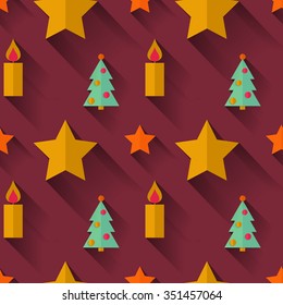 Vector seamless pattern. Christmas trees candles and stars. Flat design