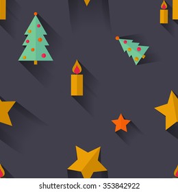 Vector seamless pattern. Christmas trees candles and stars on dark  background. Flat design